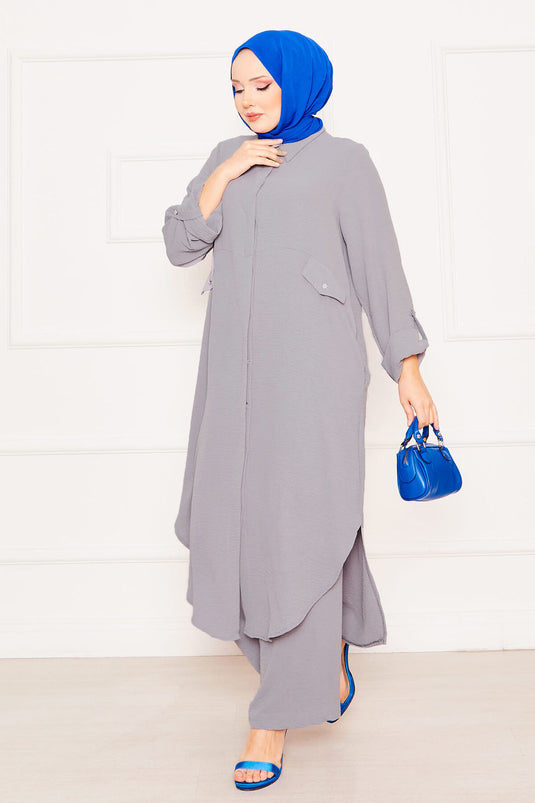 Lange Tunika-Hose Doppel-Hijab-Set mit faltbaren Ärmeln und Taschen Grau