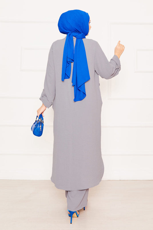 Lange Tunika-Hose Doppel-Hijab-Set mit faltbaren Ärmeln und Taschen Grau
