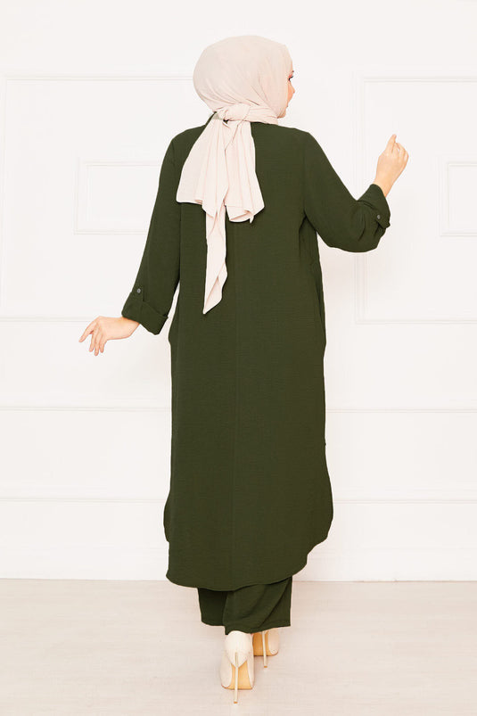 Pantaloni lunghi a tunica con doppio hijab, colore cachi, con maniche pieghevoli e tasche