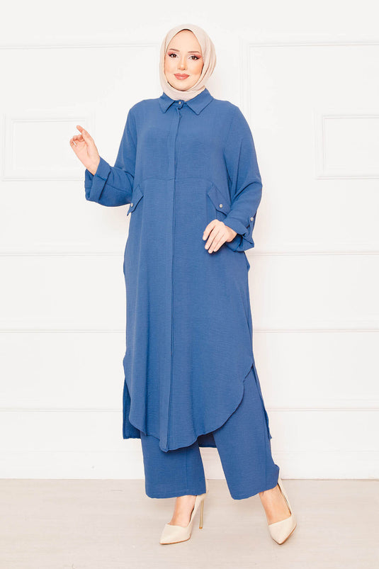 Ensemble tunique longue et pantalon double hijab avec manches pliables et poches indigo