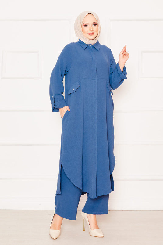 Ensemble tunique longue et pantalon double hijab avec manches pliables et poches indigo