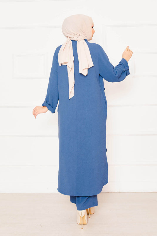 Ensemble tunique longue et pantalon double hijab avec manches pliables et poches indigo