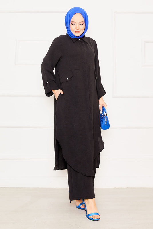 Kolları Katlanabilir Cepli Uzun Tunik Pantolon İkili Tesettür Takım Siyah