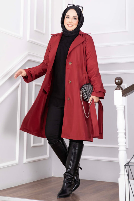 Long Trench Coat With Belt Detail And Sleeve Ties Burgundy