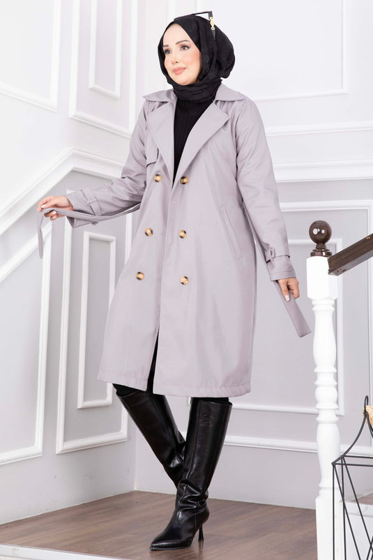 Langer Trenchcoat Mit Gürtel Und Ärmel-Details In Rauchgrau