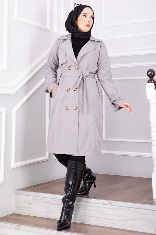 Langer Trenchcoat Mit Gürtel Und Ärmel-Details In Rauchgrau