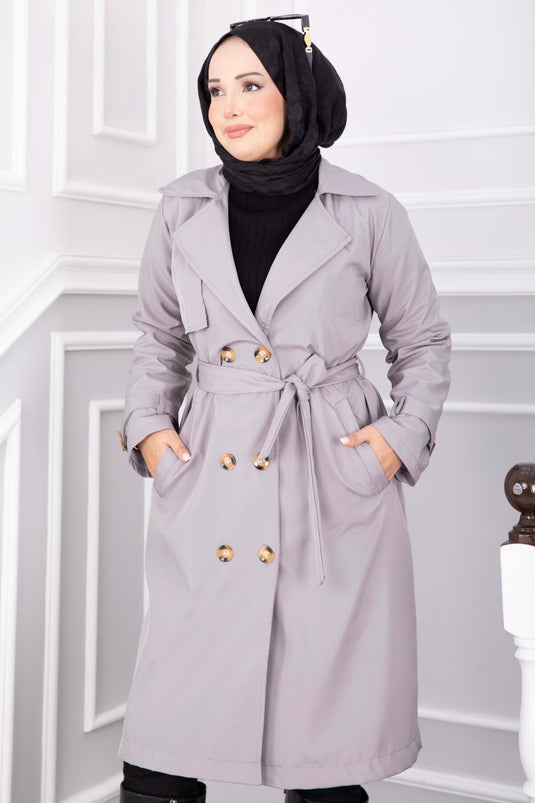 Langer Trenchcoat Mit Gürtel Und Ärmel-Details In Rauchgrau