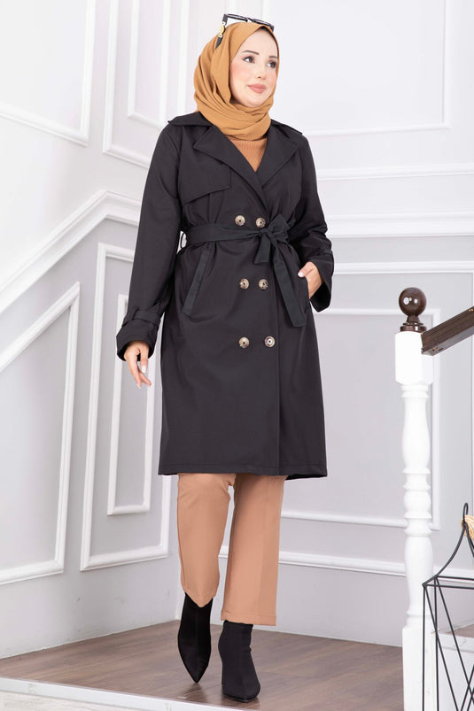 Langer Trenchcoat Mit Gürtel Und Ärmel-Details In Schwarz