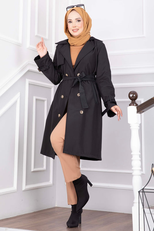 Langer Trenchcoat Mit Gürtel Und Ärmel-Details In Schwarz