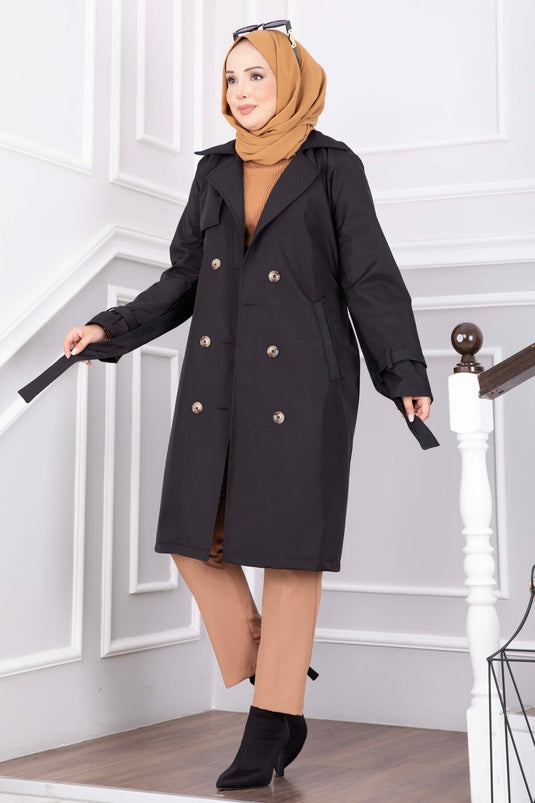 Langer Trenchcoat Mit Gürtel Und Ärmel-Details In Schwarz