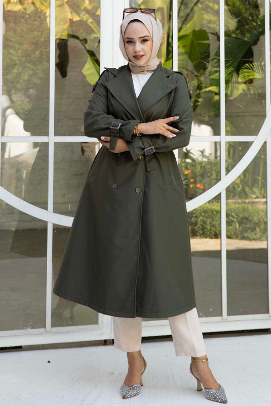 Trench Hijab lungo con maniche con cintura color kaki