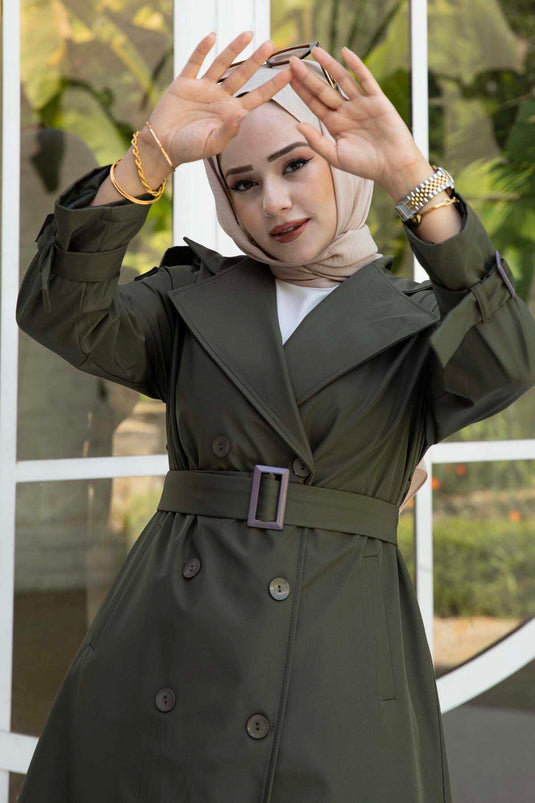 Trench Hijab lungo con maniche con cintura color kaki