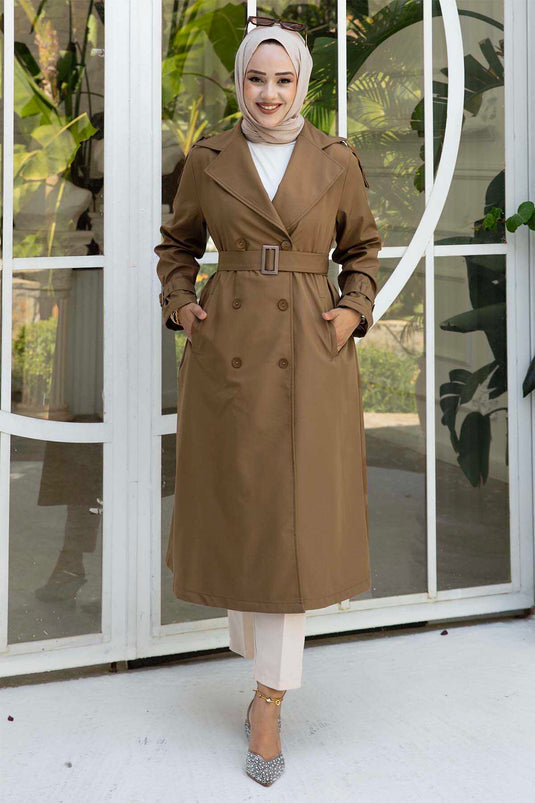 Trench lungo Hijab marrone chiaro con maniche con cintura