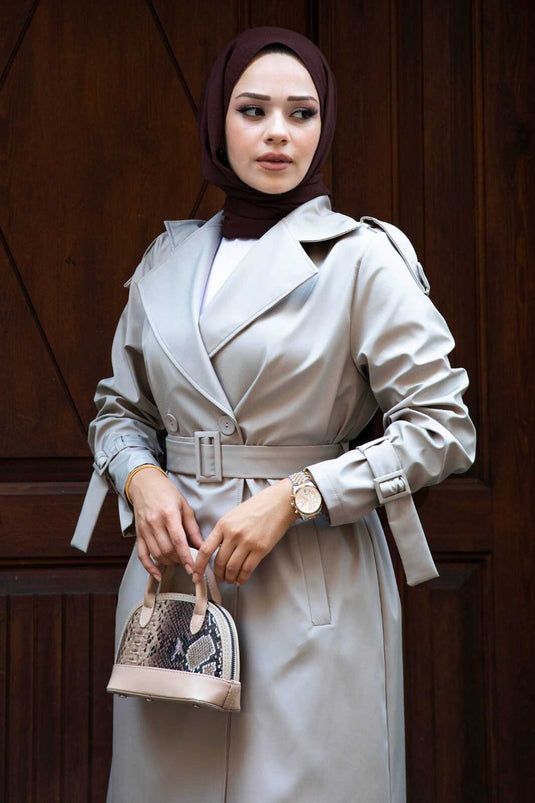 Lange hijab-loopgraaf met mouwen met riem Steen