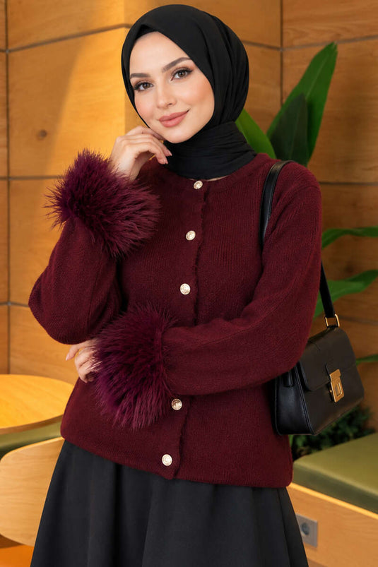 Bordeaux Strickjacke Mit Knöpfen Und Fellkragen