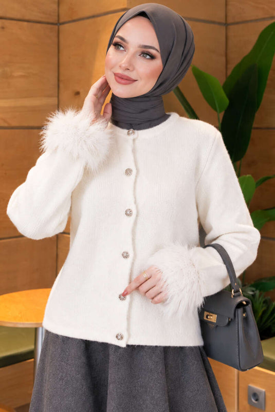 Cardigan In Maglia Color Crema Con Bottoni E Maniche Rifinite Con Pelliccia