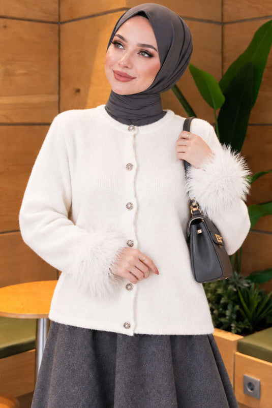 Cardigan In Maglia Color Crema Con Bottoni E Maniche Rifinite Con Pelliccia