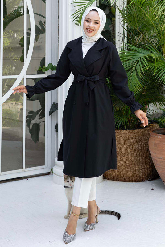 Sleeve Rubber Detail Removable Belted Trench Coat Black