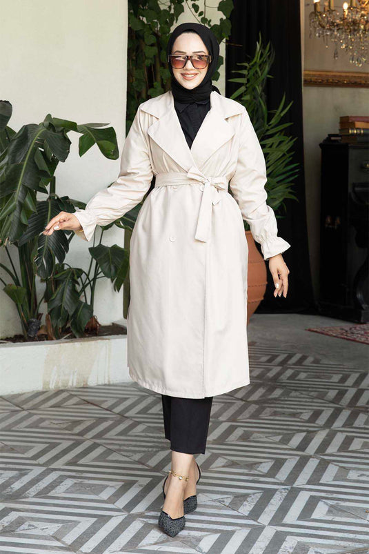 Sleeve Rubber Detail Removable Belted Trench Coat Stone