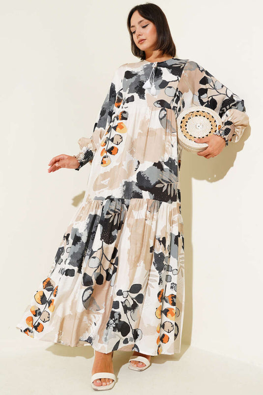 Robe à motifs avec manches élastiques, fumée