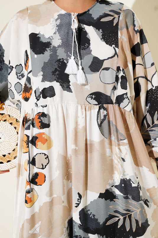 Robe à motifs avec manches élastiques, fumée