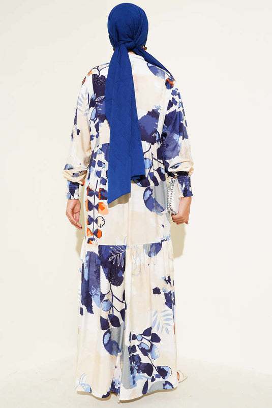 Gestreepte jurk met elastische mouwen, marineblauw