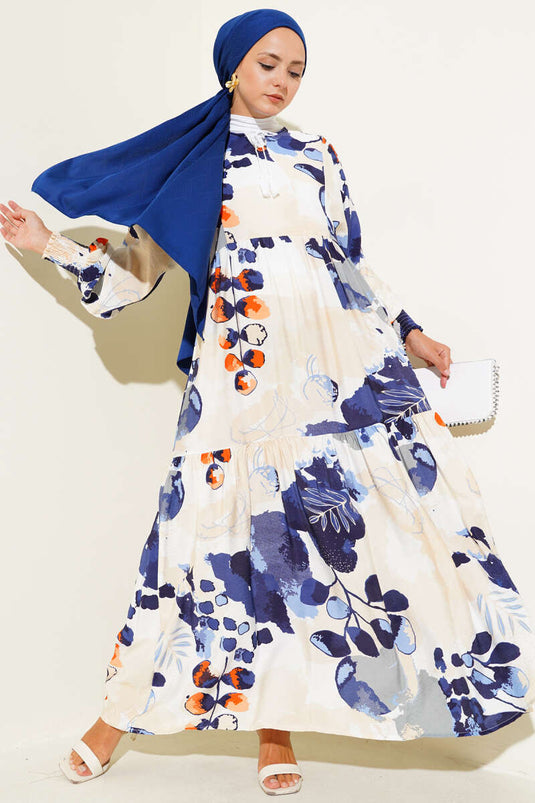 Gestreepte jurk met elastische mouwen, marineblauw