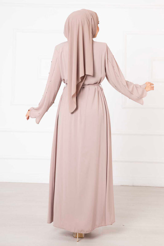 Laser Cut Sleeves Abaya Beige