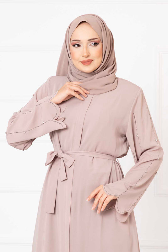 Abaya Beige à Manches Découpées au Laser