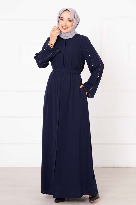 Laser Cut Sleeves Abaya Navy Blue