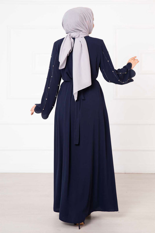 Laser Cut Sleeves Abaya Navy Blue