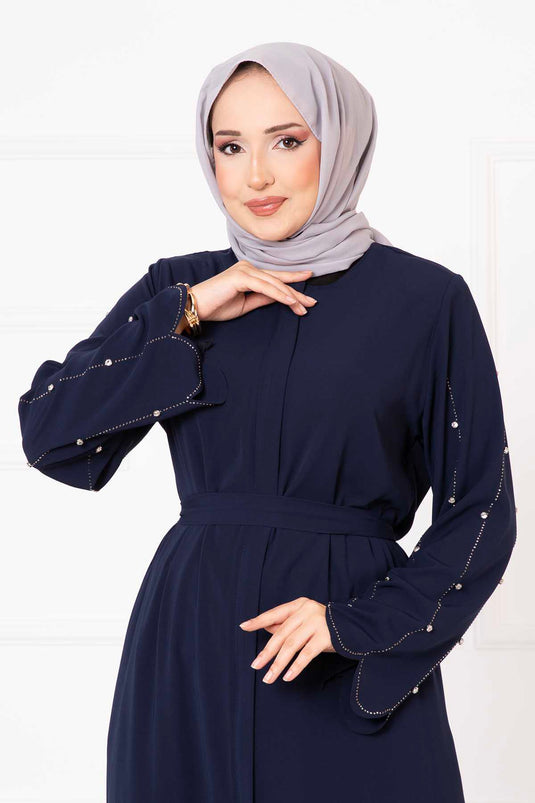 Laser Cut Sleeves Abaya Navy Blue