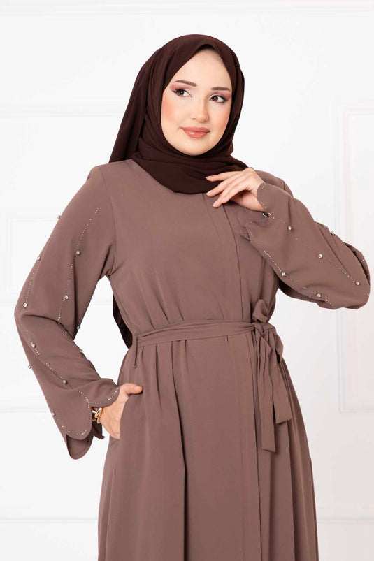 Laser Cut Sleeves Abaya Beige