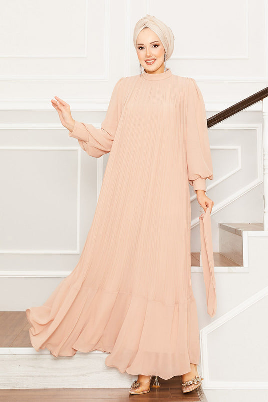 Kolları Organze Tesettür Abiye Bej