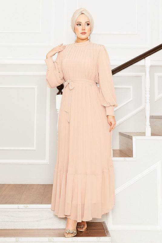 Organza mouwen hijab avondjurk beige