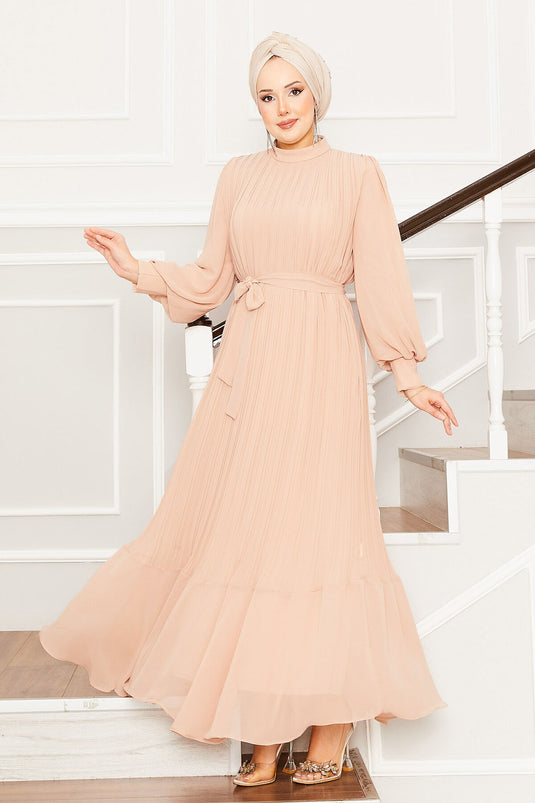 Organza mouwen hijab avondjurk beige