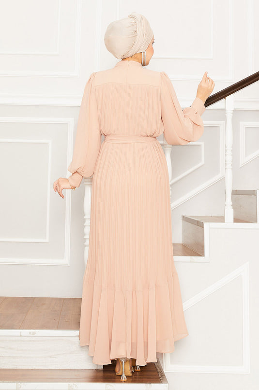 Organza mouwen hijab avondjurk beige