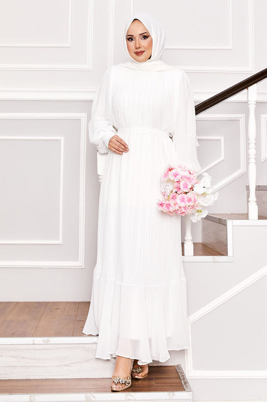 Kolları Organze Tesettür Abiye  Beyaz
