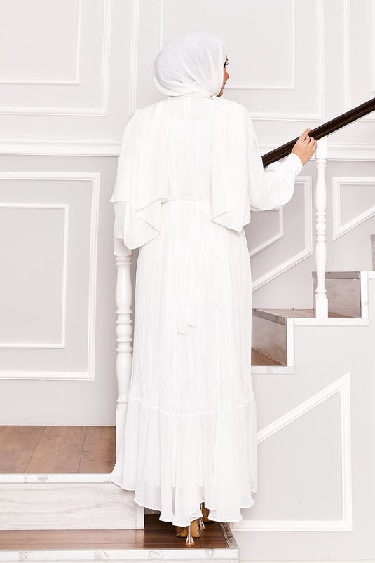 Kolları Organze Tesettür Abiye  Beyaz