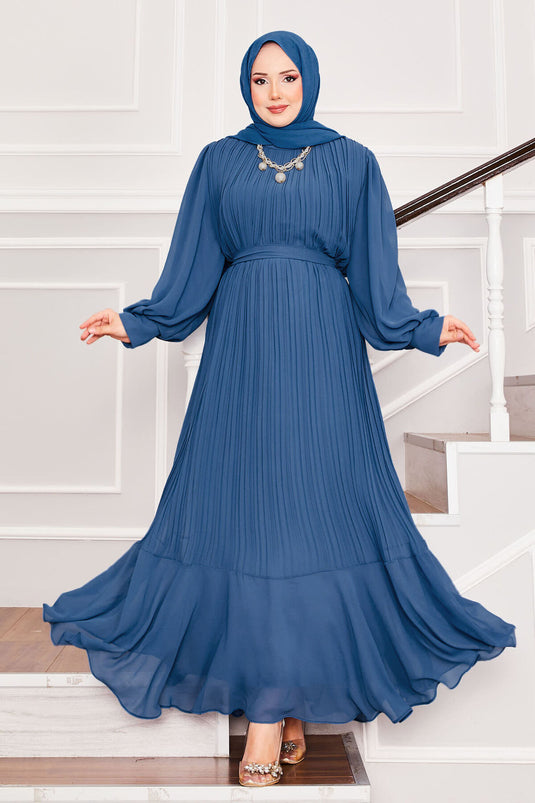 Organza-Ärmel Hijab Abendkleid Indigo