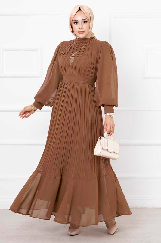 Robe de soirée hijab marron avec manches en organza