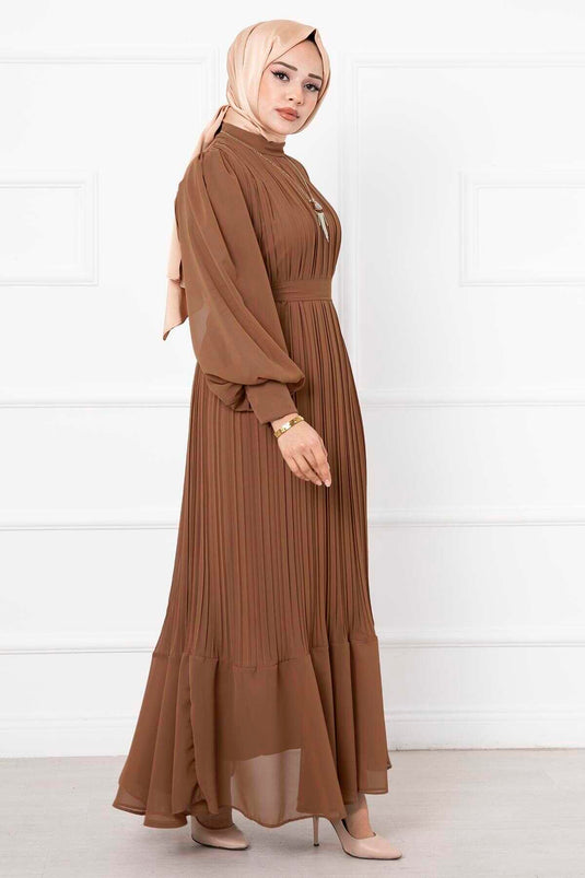 Robe de soirée hijab marron avec manches en organza