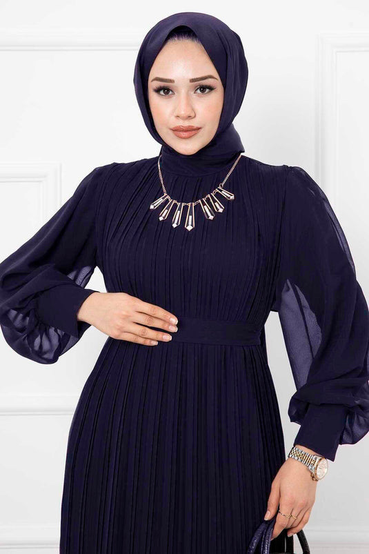 Robe de soirée hijab en organza bleu marine avec manches