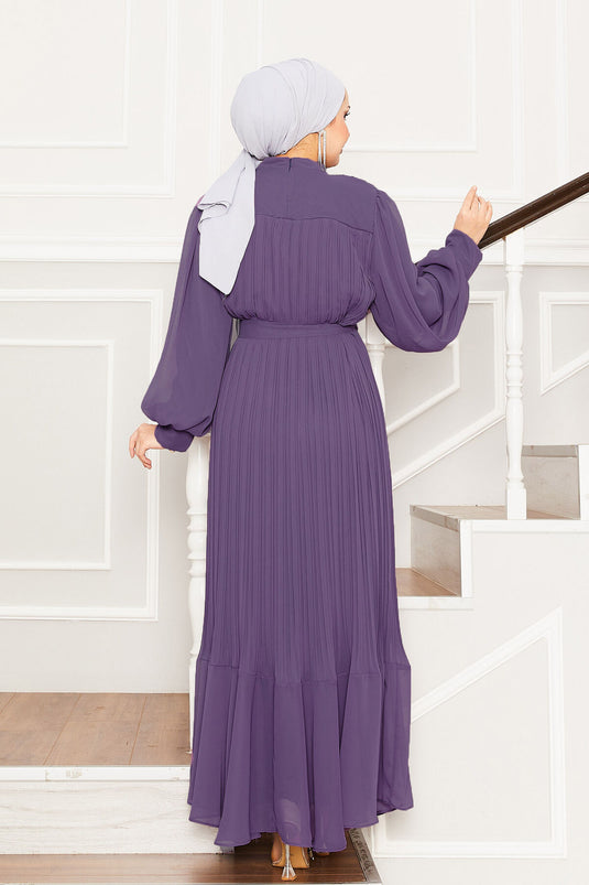 Kolları Organze Tesettür Abiye Lila