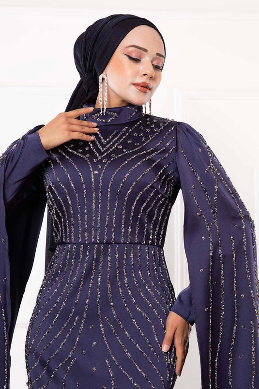 Abito da sera hijab blu navy con dettaglio mantello sulle maniche