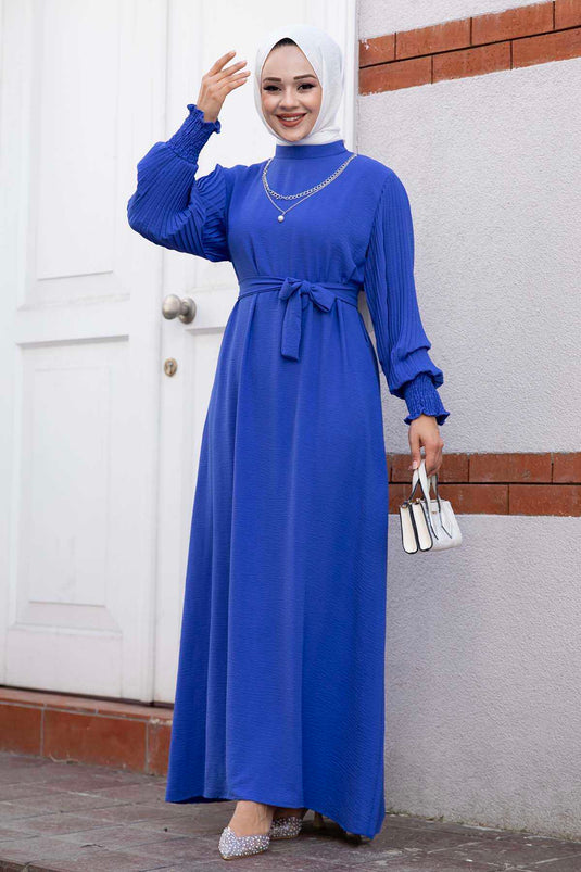 Robe Hijab Manches Plissées Indigo