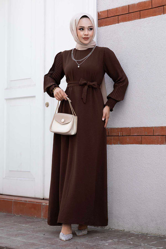 Pleated Sleeve Modest Dress Brown