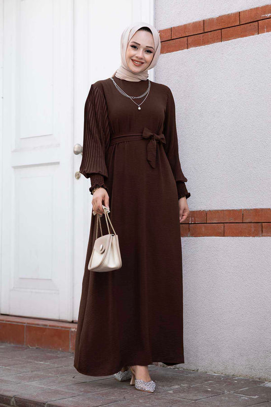 Pleated Sleeve Modest Dress Brown