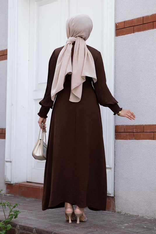 Pleated Sleeve Modest Dress Brown