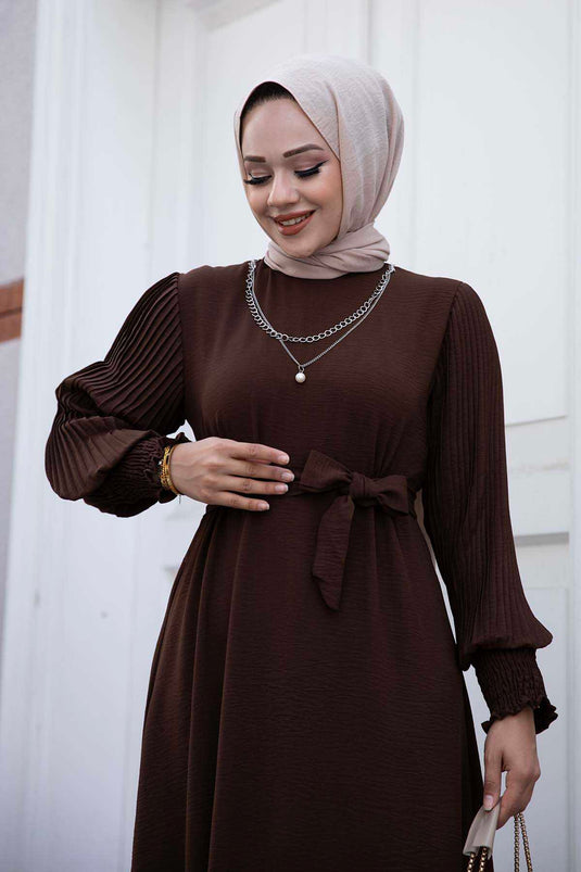 Pleated Sleeve Modest Dress Brown